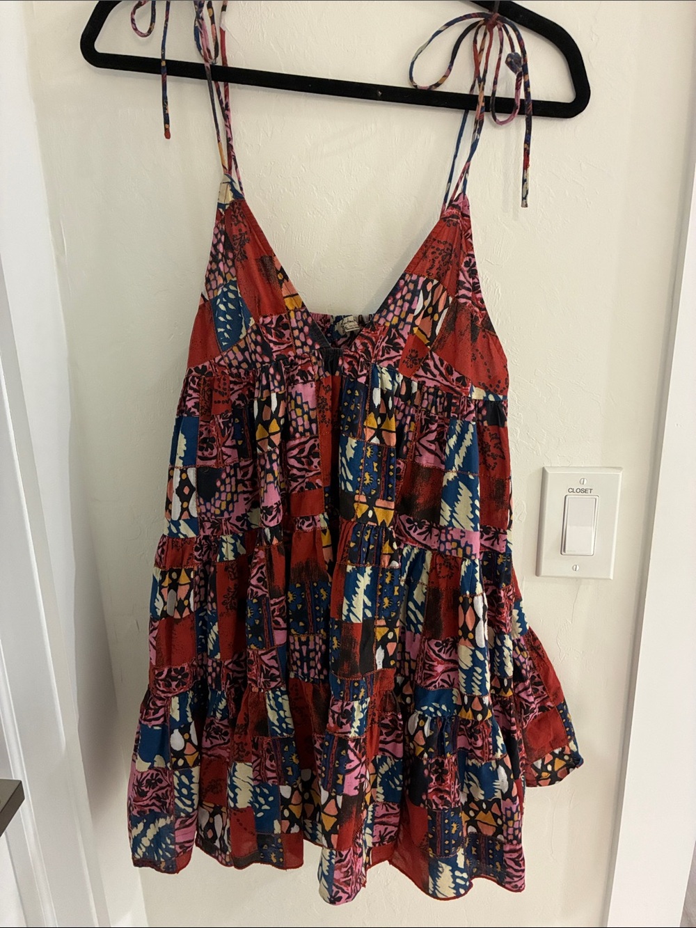 Free People Red Multi Patchwork Tie-Shoulder Camisole
